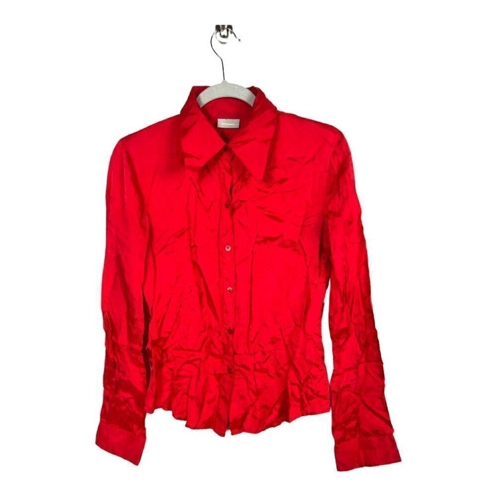 STEFANEL Red Satin Button Down Long Sleeve Shirt Top Women Size medium designer